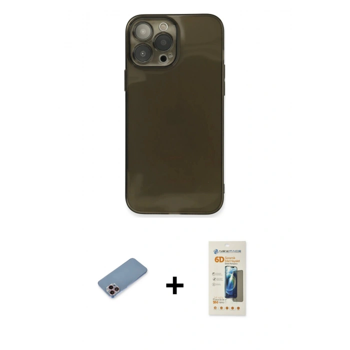 MARSİLYAN™- iPhone 13 Pro Max Kılıf Ahenk Doku - Siyah 6D Mat Seramik Hayalet Nano Ekran Koruyucu + Shine Kamera Lens Koruma Cam - PE