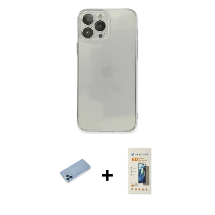MARSİLYAN™- iPhone 13 Pro Max Kılıf Ahenk Doku - Siyah 6D Mat Seramik Hayalet Nano Ekran Koruyucu + Shine Kamera Lens Koruma Cam - MI