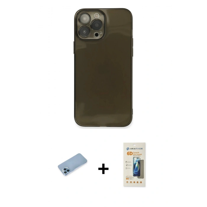 MARSİLYAN™- iPhone 13 Pro Max Kılıf Ahenk Doku - Siyah 6D Mat Seramik Hayalet Nano Ekran Koruyucu + Shine Kamera Lens Koruma Cam - MI