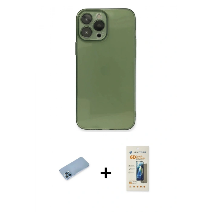 MARSİLYAN™- iPhone 13 Pro Max Kılıf Ahenk Doku - Siyah 6D Mat Seramik Hayalet Nano Ekran Koruyucu + Shine Kamera Lens Koruma Cam - MI