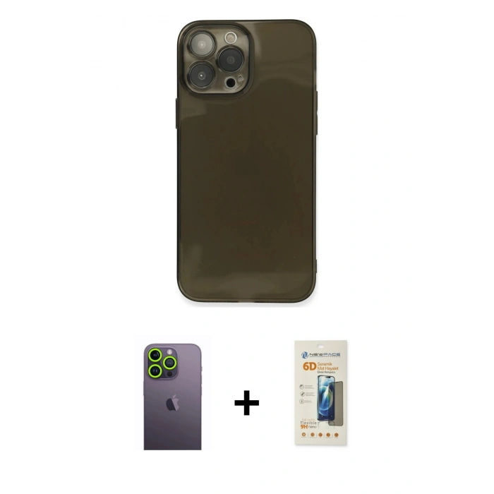 MARSİLYAN™- iPhone 13 Pro Max Kılıf Ahenk Doku - Siyah 6D Mat Seramik Hayalet Nano Ekran Koruyucu + Neon Fosforlu Kamera Lens - YL