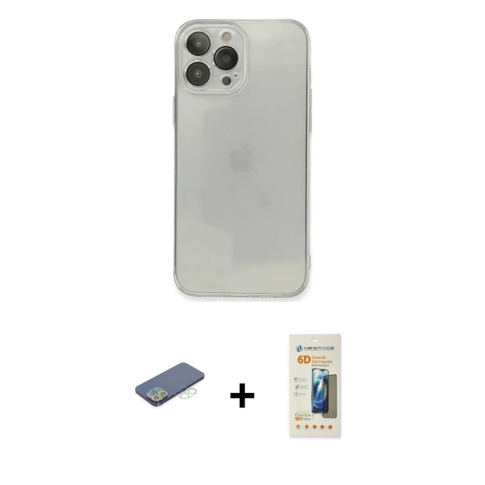 MARSİLYAN™- iPhone 13 Pro Max Kılıf Ahenk Doku - Siyah 6D Mat Seramik Hayalet Nano Ekran Koruyucu + Renkli Kamera Lens Koruma Cam - YL