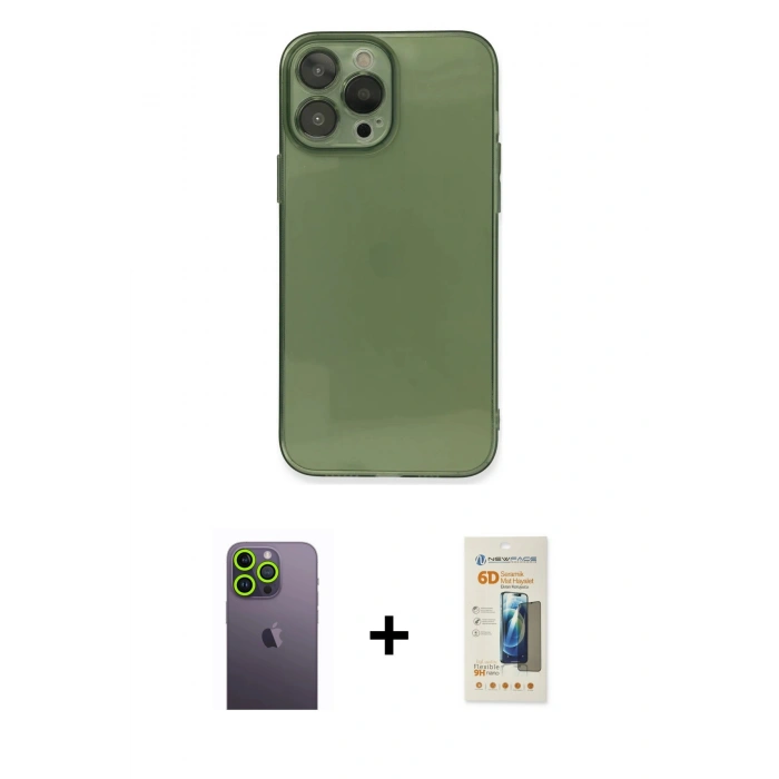 MARSİLYAN™- iPhone 13 Pro Max Kılıf Ahenk Doku - Siyah 6D Mat Seramik Hayalet Nano Ekran Koruyucu + Neon Fosforlu Kamera Lens - YL