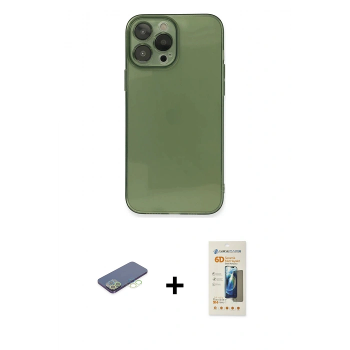 MARSİLYAN™- iPhone 13 Pro Max Kılıf Ahenk Doku - Siyah 6D Mat Seramik Hayalet Nano Ekran Koruyucu + Renkli Kamera Lens Koruma Cam - YL