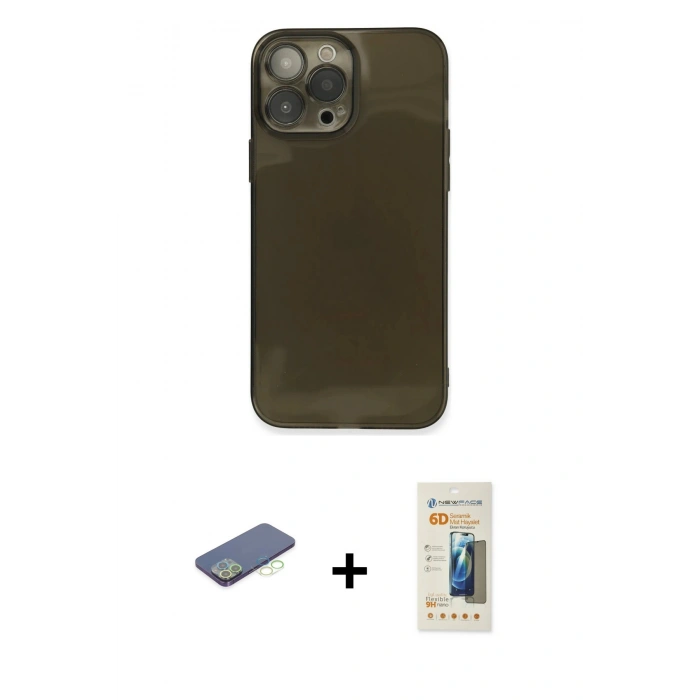 MARSİLYAN™- iPhone 13 Pro Max Kılıf Ahenk Doku - Siyah 6D Mat Seramik Hayalet Nano Ekran Koruyucu + Renkli Kamera Lens Koruma Cam - YL