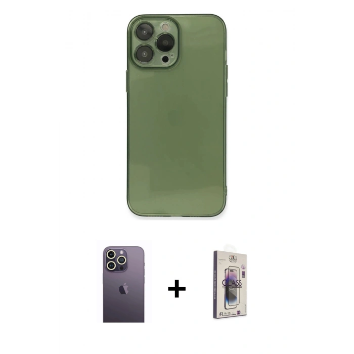 MARSİLYAN™- iPhone 13 Pro Max Kılıf Ahenk Doku - Siyah Bilvis 3D Cam Ekran Koruyucu + Neon Fosforlu Kamera Lens - BZ