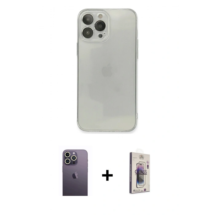 MARSİLYAN™- iPhone 13 Pro Max Kılıf Ahenk Doku - Siyah Bilvis 3D Cam Ekran Koruyucu + Neon Fosforlu Kamera Lens - BZ