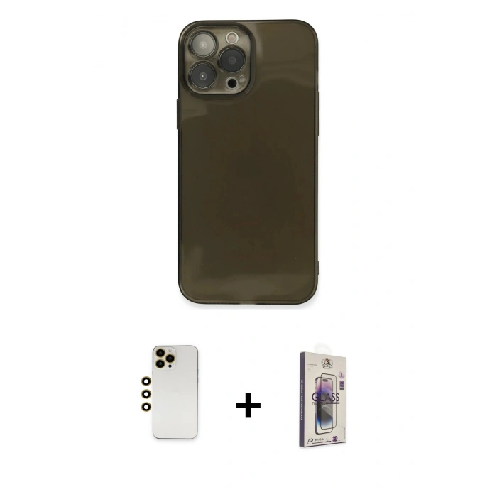 MARSİLYAN™- iPhone 13 Pro Max Kılıf Ahenk Doku - Siyah Bilvis 3D Cam Ekran Koruyucu + Shine Kamera Lens - GD