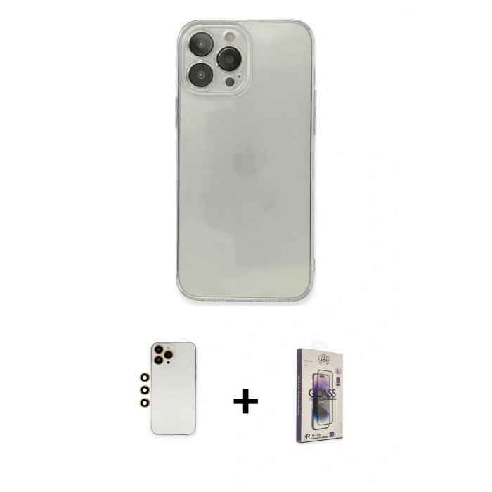 MARSİLYAN™- iPhone 13 Pro Max Kılıf Ahenk Doku - Siyah Bilvis 3D Cam Ekran Koruyucu + Shine Kamera Lens - GD