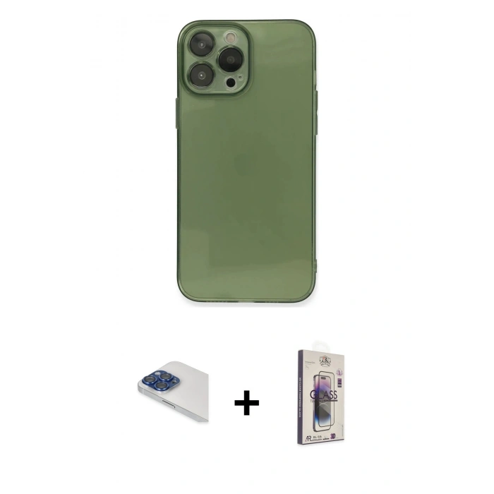 MARSİLYAN™- iPhone 13 Pro Max Kılıf Ahenk Doku - Siyah Bilvis 3D Cam Ekran Koruyucu + Pers Alüminyum Kamera Lens - LT
