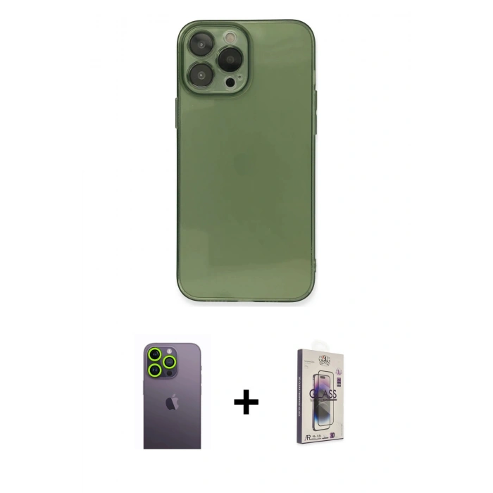MARSİLYAN™- iPhone 13 Pro Max Kılıf Ahenk Doku - Siyah Bilvis 3D Cam Ekran Koruyucu + Neon Fosforlu Kamera Lens - YL