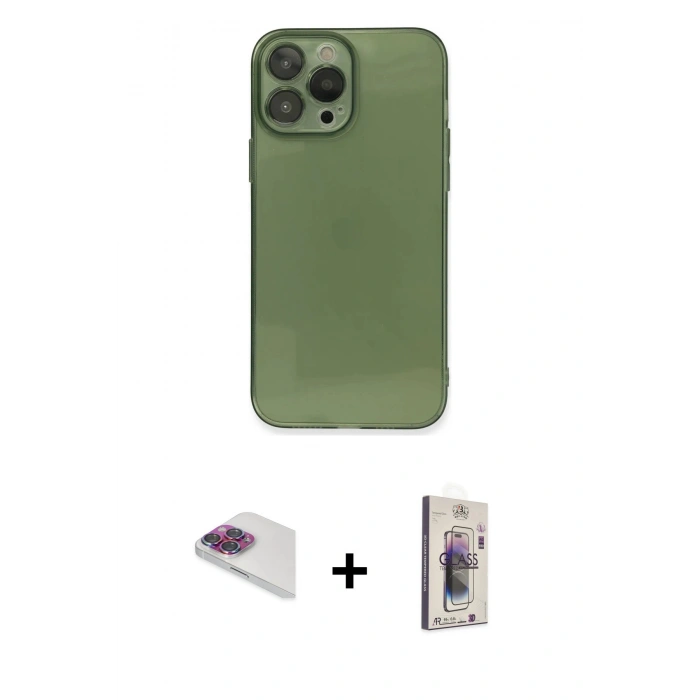 MARSİLYAN™- iPhone 13 Pro Max Kılıf Ahenk Doku - Siyah Bilvis 3D Cam Ekran Koruyucu + Pers Alüminyum Kamera Lens - GI