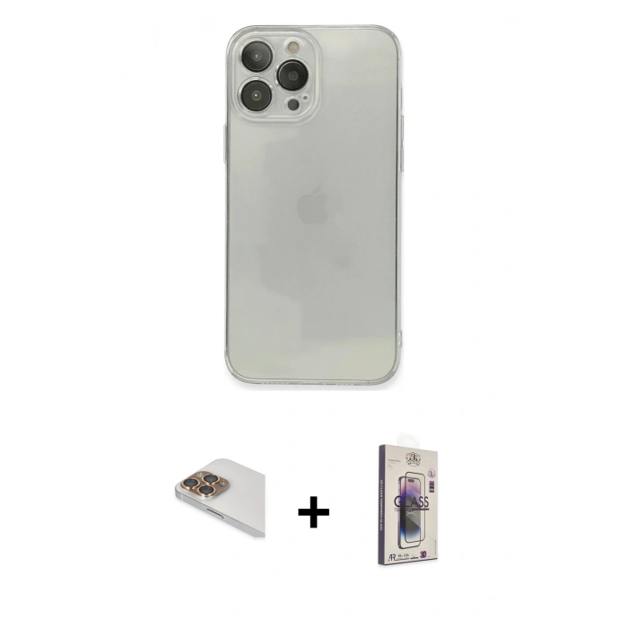 MARSİLYAN™- iPhone 13 Pro Max Kılıf Ahenk Doku - Siyah Bilvis 3D Cam Ekran Koruyucu + Pers Alüminyum Kamera Lens - GD