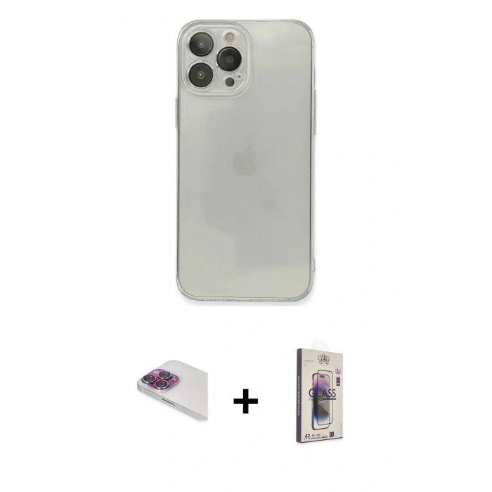 MARSİLYAN™- iPhone 13 Pro Max Kılıf Ahenk Doku - Siyah Bilvis 3D Cam Ekran Koruyucu + Pers Alüminyum Kamera Lens - GI