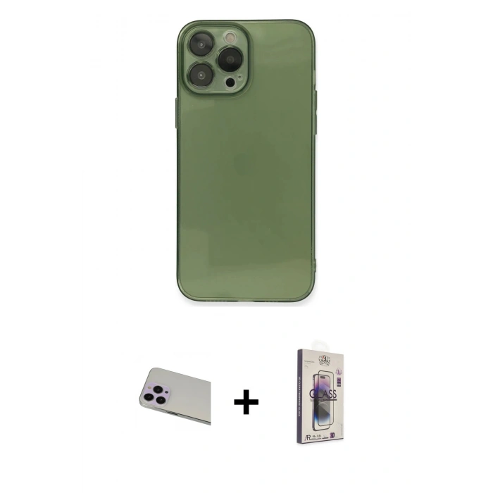 MARSİLYAN™- iPhone 13 Pro Max Kılıf Ahenk Doku - Siyah Bilvis 3D Cam Ekran Koruyucu + Rainbow Kamera Lens Koruma Cam - MR