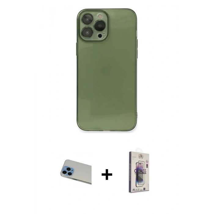 MARSİLYAN™- iPhone 13 Pro Max Kılıf Ahenk Doku - Siyah Bilvis 3D Cam Ekran Koruyucu + Rainbow Kamera Lens Koruma Cam - MI