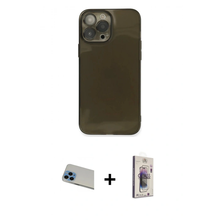 MARSİLYAN™- iPhone 13 Pro Max Kılıf Ahenk Doku - Siyah Bilvis 3D Cam Ekran Koruyucu + Rainbow Kamera Lens Koruma Cam - MI