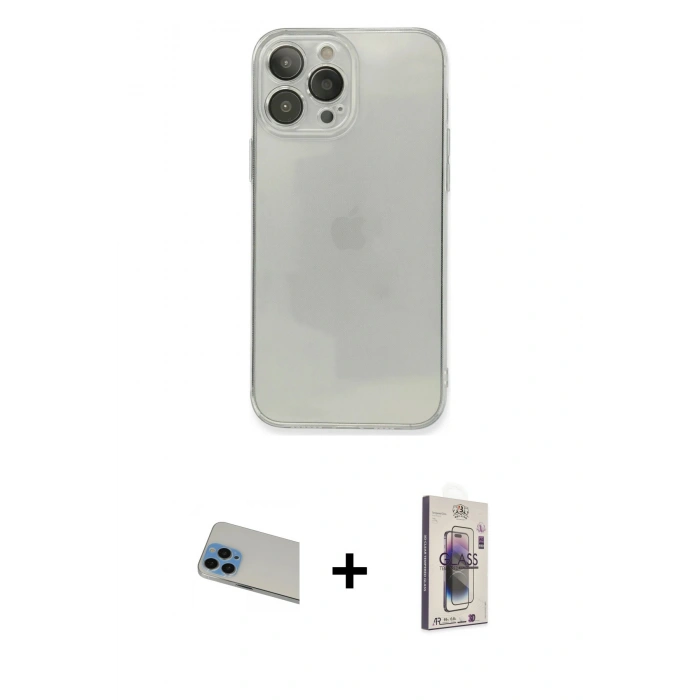 MARSİLYAN™- iPhone 13 Pro Max Kılıf Ahenk Doku - Siyah Bilvis 3D Cam Ekran Koruyucu + Rainbow Kamera Lens Koruma Cam - MI