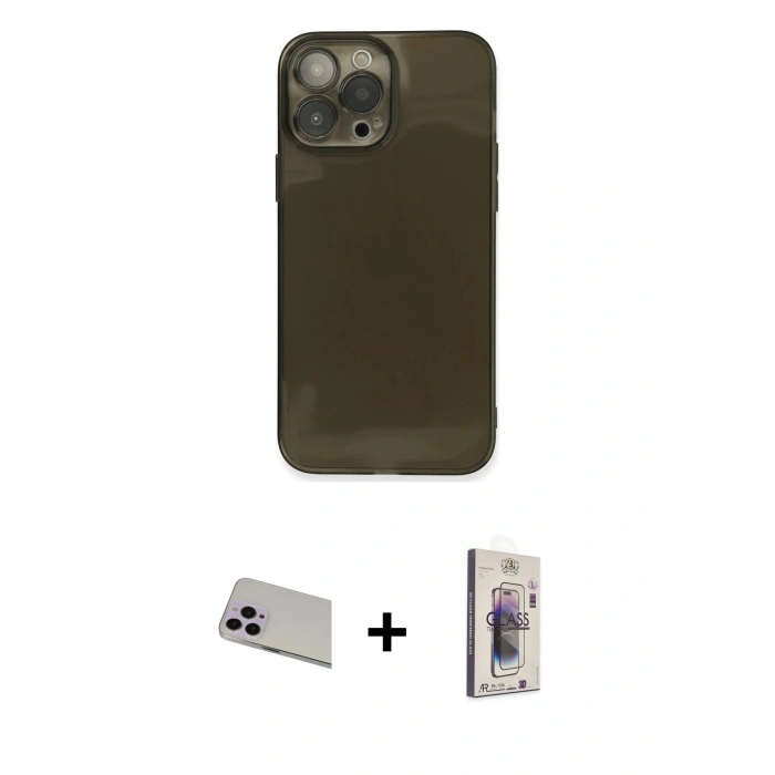 MARSİLYAN™- iPhone 13 Pro Max Kılıf Ahenk Doku - Siyah Bilvis 3D Cam Ekran Koruyucu + Rainbow Kamera Lens Koruma Cam - MR