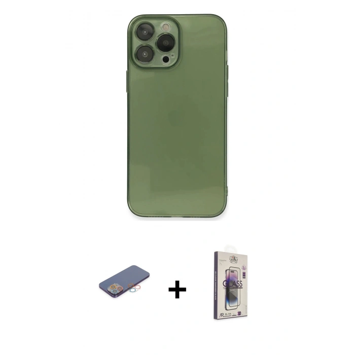 MARSİLYAN™- iPhone 13 Pro Max Kılıf Ahenk Doku - Siyah Bilvis 3D Cam Ekran Koruyucu + Renkli Kamera Lens Koruma Cam - PE