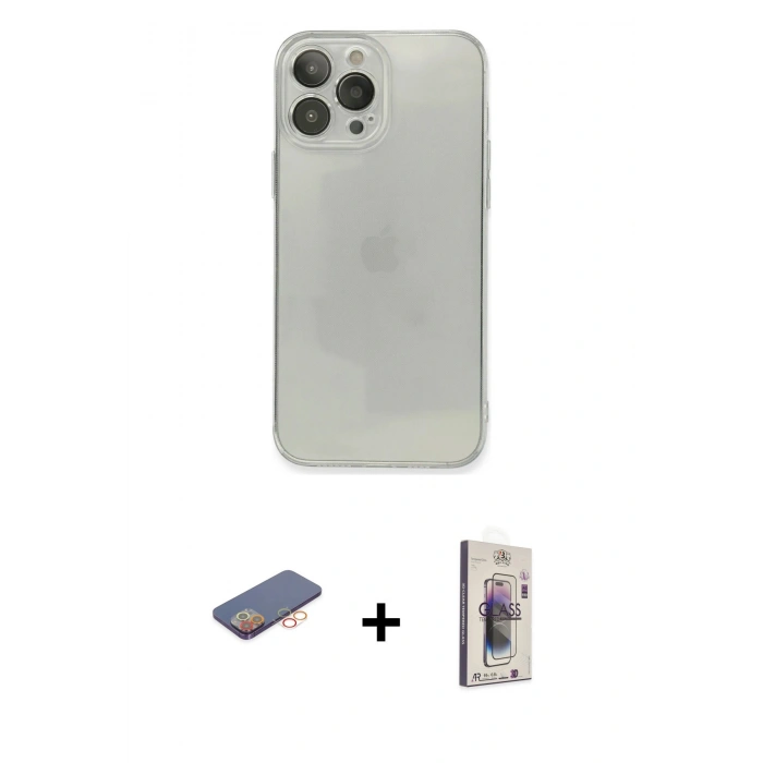 MARSİLYAN™- iPhone 13 Pro Max Kılıf Ahenk Doku - Siyah Bilvis 3D Cam Ekran Koruyucu + Renkli Kamera Lens Koruma Cam - TU