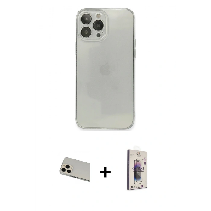 MARSİLYAN™- iPhone 13 Pro Max Kılıf Ahenk Doku - Siyah Bilvis 3D Cam Ekran Koruyucu + Rainbow Kamera Lens Koruma Cam - REGD