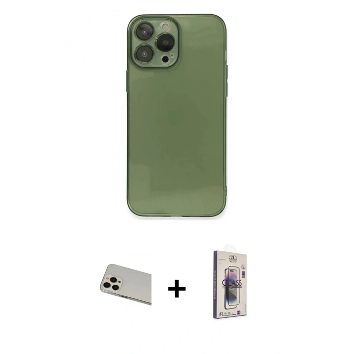 MARSİLYAN™- iPhone 13 Pro Max Kılıf Ahenk Doku - Siyah Bilvis 3D Cam Ekran Koruyucu + Rainbow Kamera Lens Koruma Cam - REGD