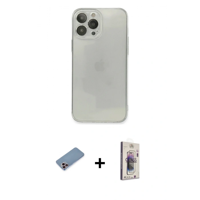 MARSİLYAN™- iPhone 13 Pro Max Kılıf Ahenk Doku - Siyah Bilvis 3D Cam Ekran Koruyucu + Shine Kamera Lens Koruma Cam - PE