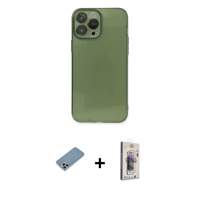MARSİLYAN™- iPhone 13 Pro Max Kılıf Ahenk Doku - Siyah Bilvis 3D Cam Ekran Koruyucu + Shine Kamera Lens Koruma Cam - GI