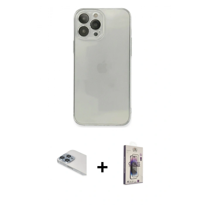 MARSİLYAN™- iPhone 13 Pro Max Kılıf Ahenk Doku - Siyah Bilvis 3D Cam Ekran Koruyucu + Pers Alüminyum Kamera Lens - SABE