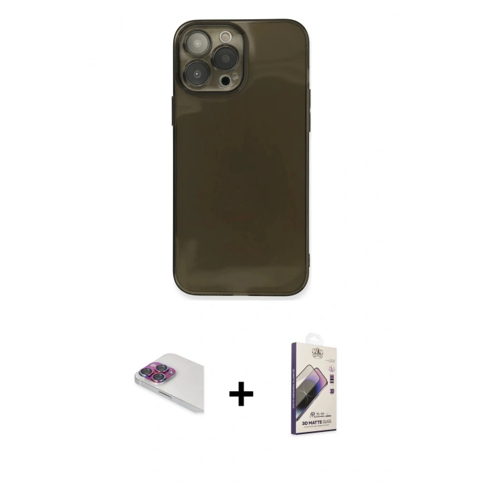 MARSİLYAN™- iPhone 13 Pro Max Kılıf Ahenk Doku - Siyah Bilvis 3D Mat Cam Ekran Koruyucu + Pers Alüminyum Kamera Lens - GI