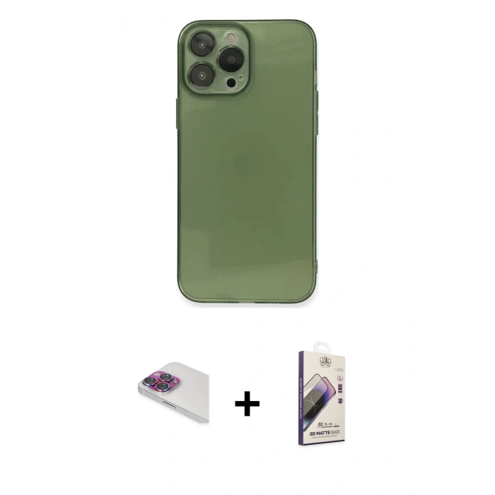 MARSİLYAN™- iPhone 13 Pro Max Kılıf Ahenk Doku - Siyah Bilvis 3D Mat Cam Ekran Koruyucu + Pers Alüminyum Kamera Lens - GI