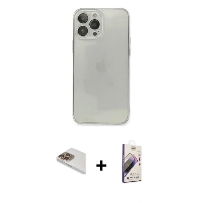 MARSİLYAN™- iPhone 13 Pro Max Kılıf Ahenk Doku - Siyah Bilvis 3D Mat Cam Ekran Koruyucu + Gold Pers Alüminyum Kamera Lens