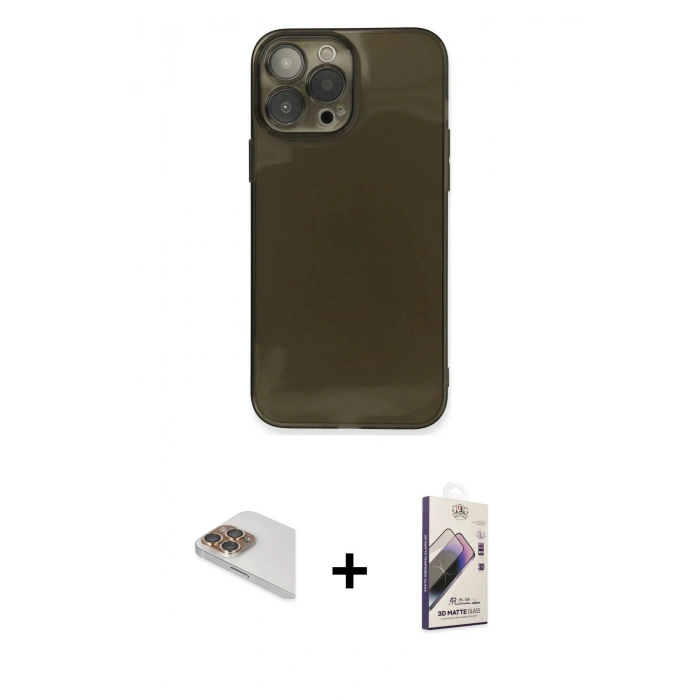 MARSİLYAN™- iPhone 13 Pro Max Kılıf Ahenk Doku - Siyah Bilvis 3D Mat Cam Ekran Koruyucu + Gold Pers Alüminyum Kamera Lens