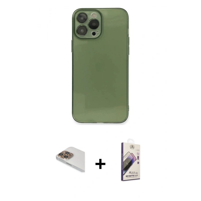 MARSİLYAN™- iPhone 13 Pro Max Kılıf Ahenk Doku - Siyah Bilvis 3D Mat Cam Ekran Koruyucu + Gold Pers Alüminyum Kamera Lens