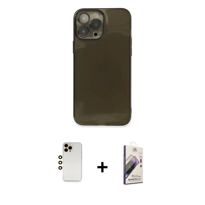 MARSİLYAN™- iPhone 13 Pro Max Kılıf Ahenk Doku - Siyah Bilvis 3D Mat Cam Ekran Koruyucu + Shine Kamera Lens - GD