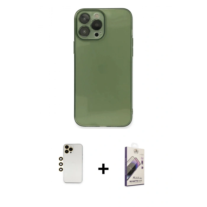 MARSİLYAN™- iPhone 13 Pro Max Kılıf Ahenk Doku - Siyah Bilvis 3D Mat Cam Ekran Koruyucu + Shine Kamera Lens - GD