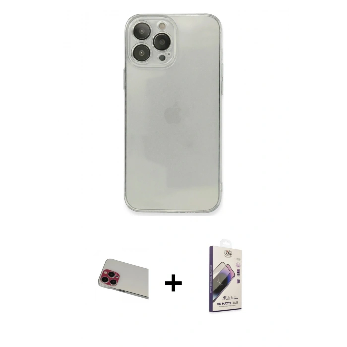 MARSİLYAN™- iPhone 13 Pro Max Kılıf Ahenk Doku - Siyah Bilvis 3D Mat Cam Ekran Koruyucu + Rainbow Kamera Lens Koruma Cam - KI