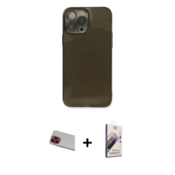 MARSİLYAN™- iPhone 13 Pro Max Kılıf Ahenk Doku - Siyah Bilvis 3D Mat Cam Ekran Koruyucu + Rainbow Kamera Lens Koruma Cam - KI