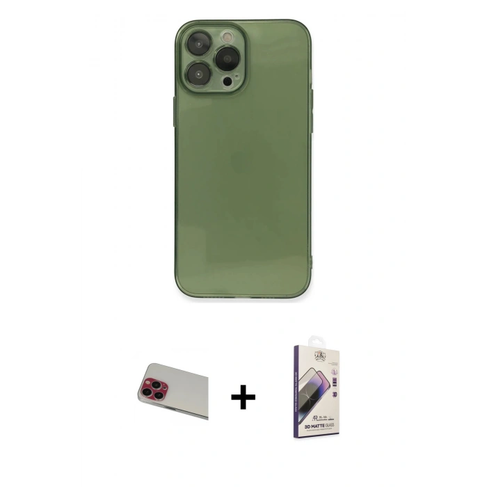 MARSİLYAN™- iPhone 13 Pro Max Kılıf Ahenk Doku - Siyah Bilvis 3D Mat Cam Ekran Koruyucu + Rainbow Kamera Lens Koruma Cam - KI