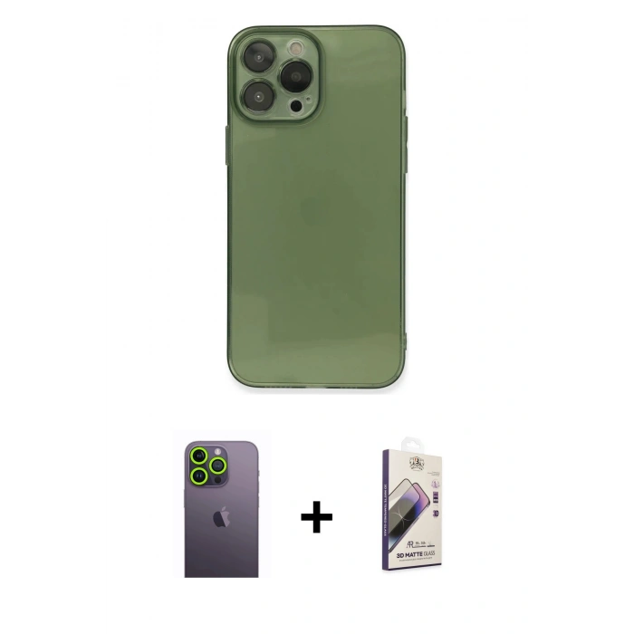 MARSİLYAN™- iPhone 13 Pro Max Kılıf Ahenk Doku - Siyah Bilvis 3D Mat Cam Ekran Koruyucu + Neon Fosforlu Kamera Lens - YL