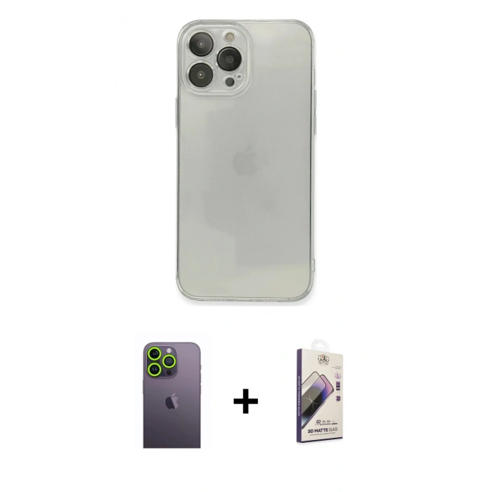 MARSİLYAN™- iPhone 13 Pro Max Kılıf Ahenk Doku - Siyah Bilvis 3D Mat Cam Ekran Koruyucu + Neon Fosforlu Kamera Lens - YL
