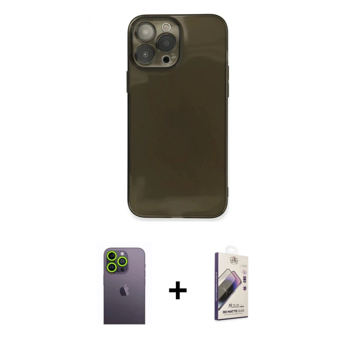 MARSİLYAN™- iPhone 13 Pro Max Kılıf Ahenk Doku - Siyah Bilvis 3D Mat Cam Ekran Koruyucu + Neon Fosforlu Kamera Lens - YL