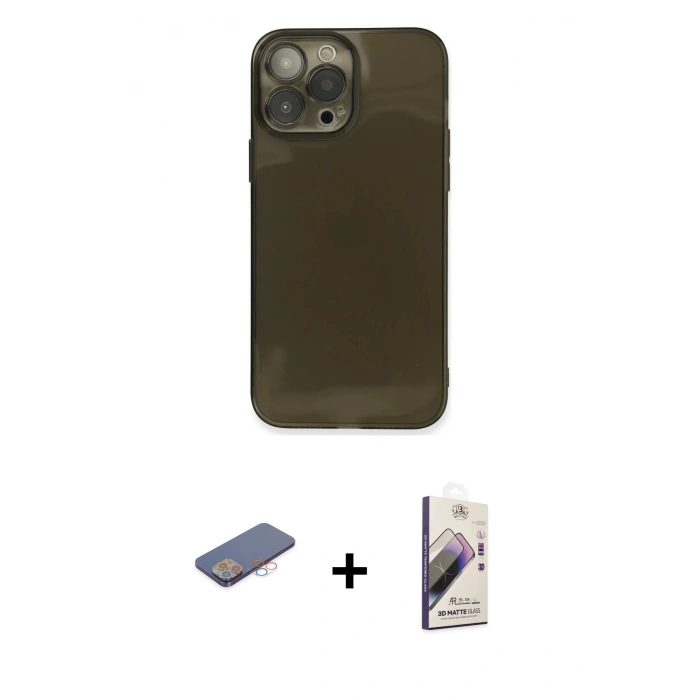 MARSİLYAN™- iPhone 13 Pro Max Kılıf Ahenk Doku - Siyah Bilvis 3D Mat Cam Ekran Koruyucu + Renkli Kamera Lens Koruma Cam - PE
