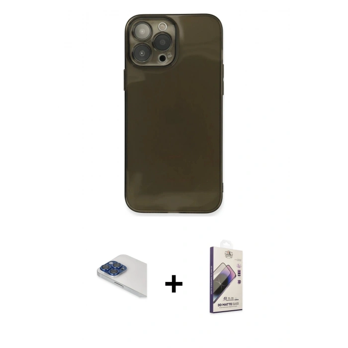 MARSİLYAN™- iPhone 13 Pro Max Kılıf Ahenk Doku - Siyah Bilvis 3D Mat Cam Ekran Koruyucu + Pers Alüminyum Kamera Lens - LT