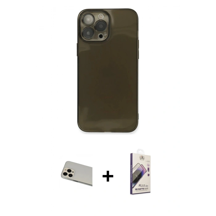 MARSİLYAN™- iPhone 13 Pro Max Kılıf Ahenk Doku - Siyah Bilvis 3D Mat Cam Ekran Koruyucu + Rainbow Kamera Lens Koruma Cam - REGD