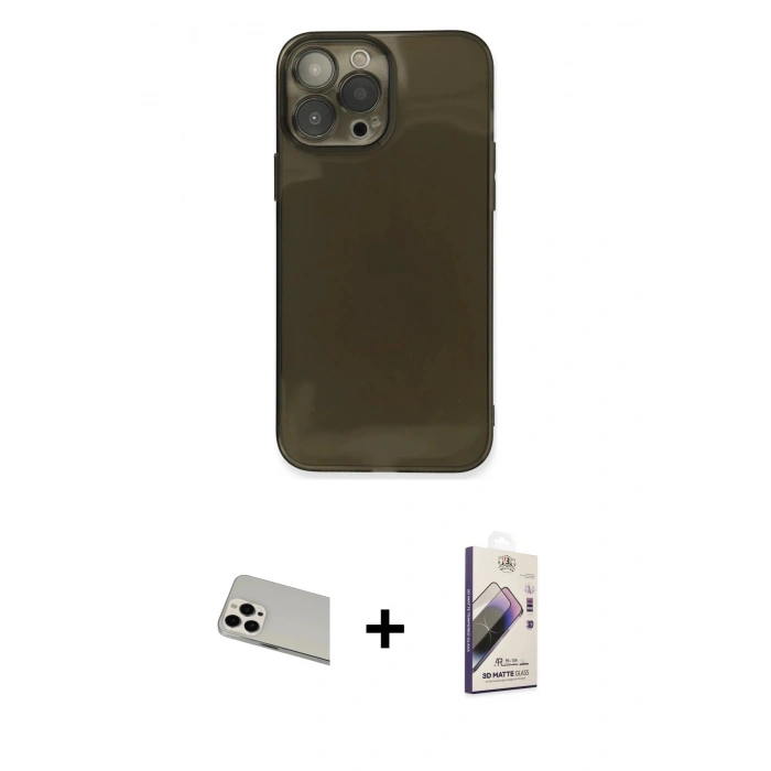 MARSİLYAN™- iPhone 13 Pro Max Kılıf Ahenk Doku - Siyah Bilvis 3D Mat Cam Ekran Koruyucu + Rainbow Kamera Lens Koruma Cam - BZ