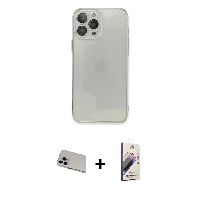 MARSİLYAN™- iPhone 13 Pro Max Kılıf Ahenk Doku - Siyah Bilvis 3D Mat Cam Ekran Koruyucu + Rainbow Kamera Lens Koruma Cam - MR