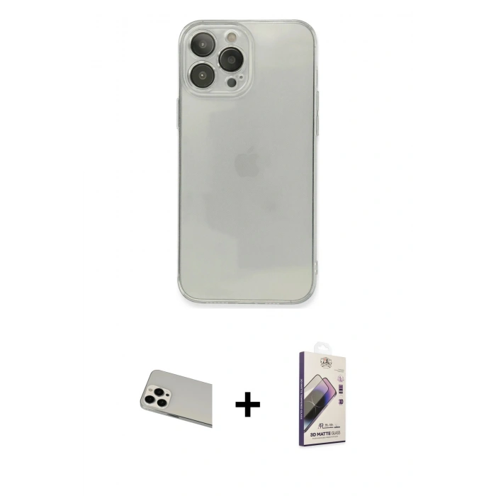 MARSİLYAN™- iPhone 13 Pro Max Kılıf Ahenk Doku - Siyah Bilvis 3D Mat Cam Ekran Koruyucu + Rainbow Kamera Lens Koruma Cam - BZ