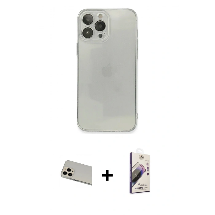 MARSİLYAN™- iPhone 13 Pro Max Kılıf Ahenk Doku - Siyah Bilvis 3D Mat Cam Ekran Koruyucu + Rainbow Kamera Lens Koruma Cam - REGD